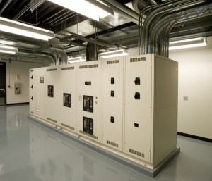 Power supply cabinets in the electrical room of a large office building